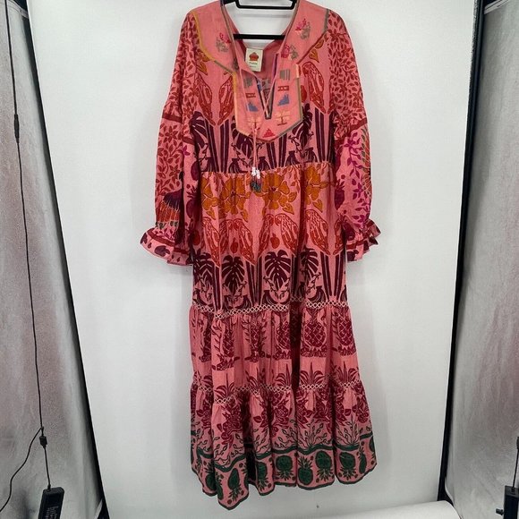 Farm Rio Womens Dress XL Ainika Print Macaws Maxi Dress Puff Sleeve Tassel Tie - Picture 3 of 16